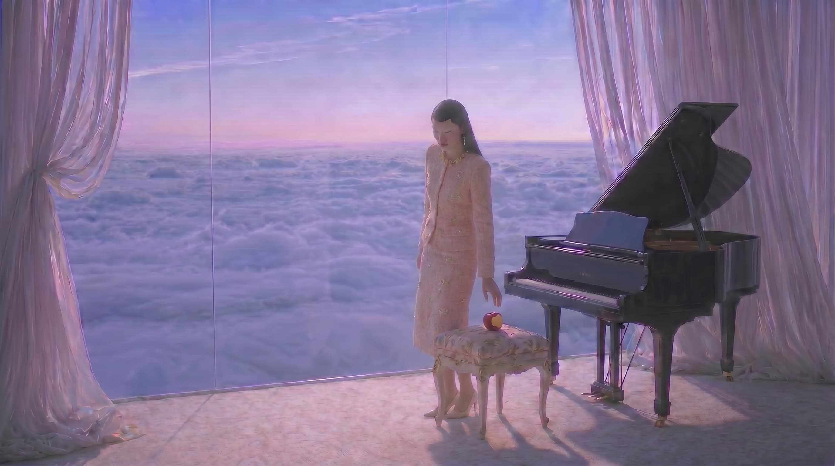 Model standing in a mirrored landscape under a violet sky