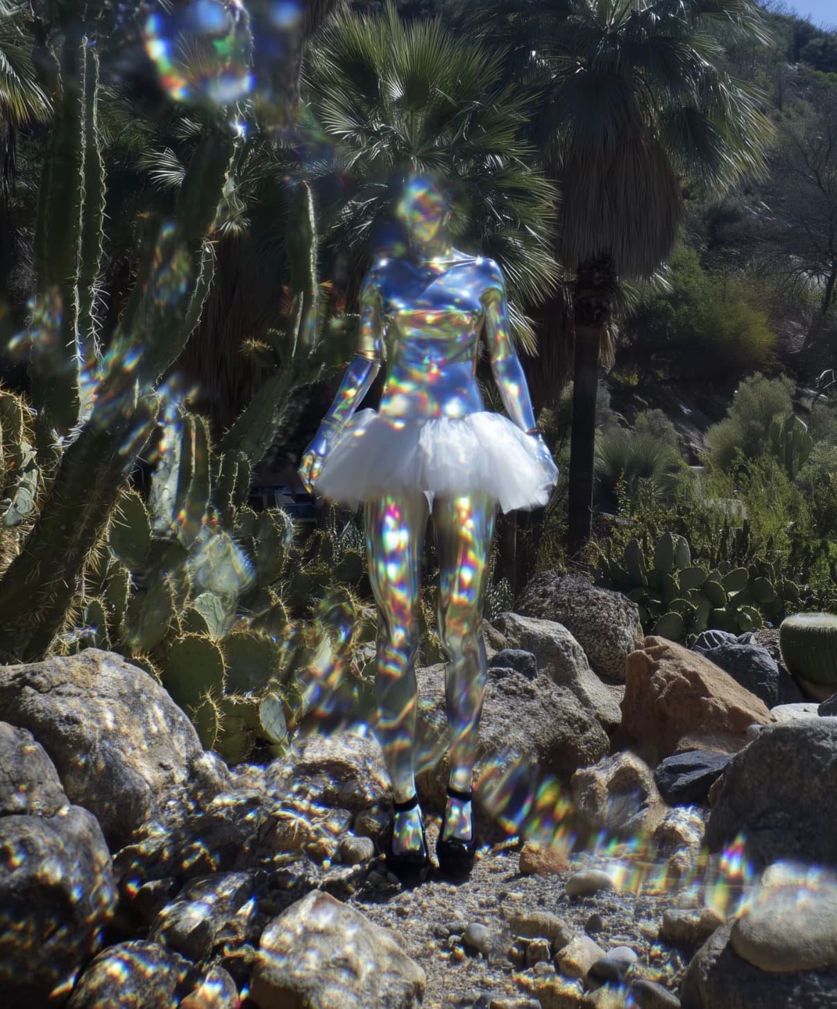 Transparent figure standing among cacti in a desert garden