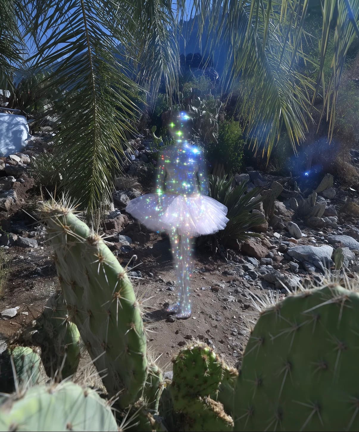 Sparkling figure surrounded by cacti and palm leaves
