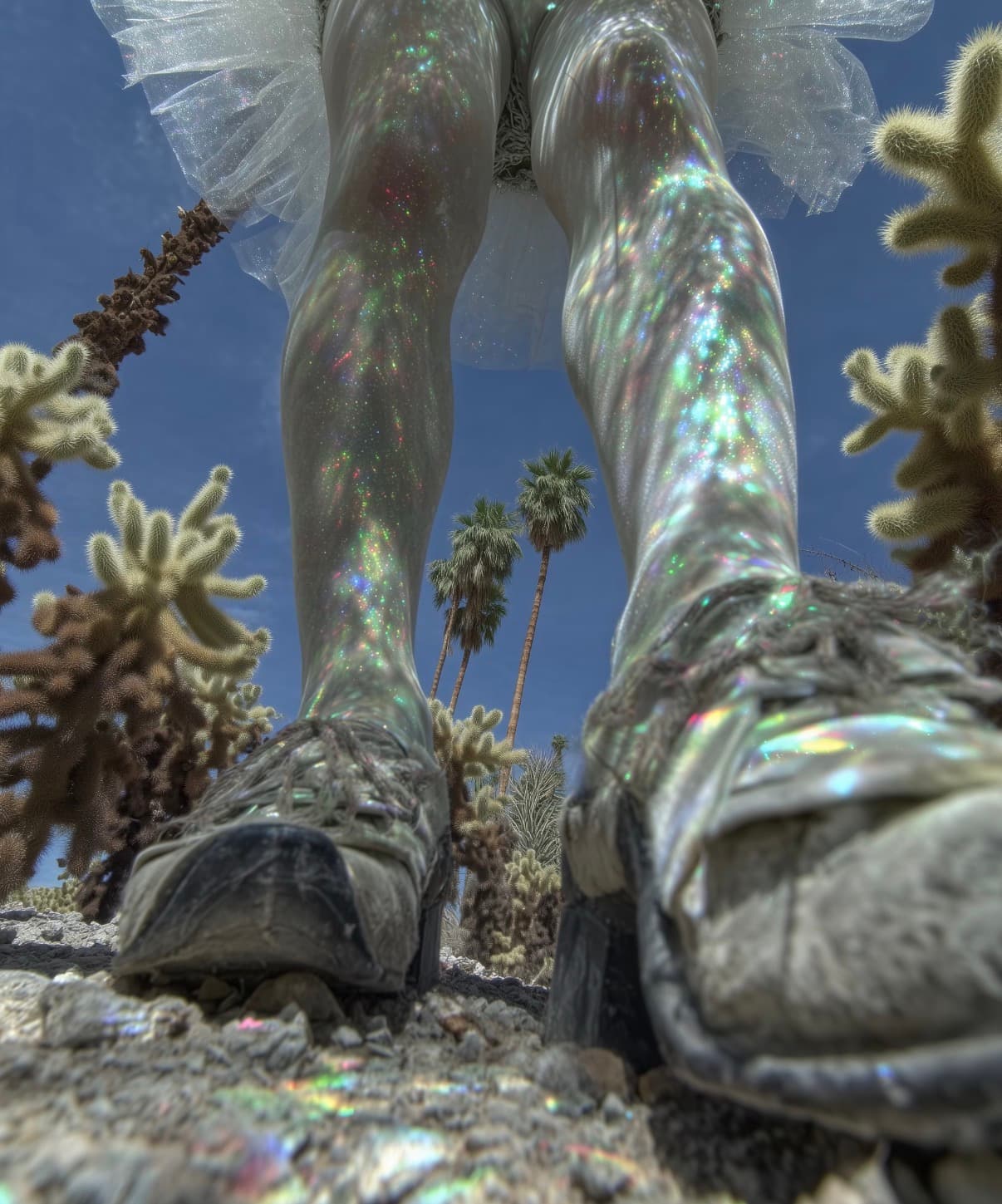Low angle detail of iridescent legs and shoes among desert plants