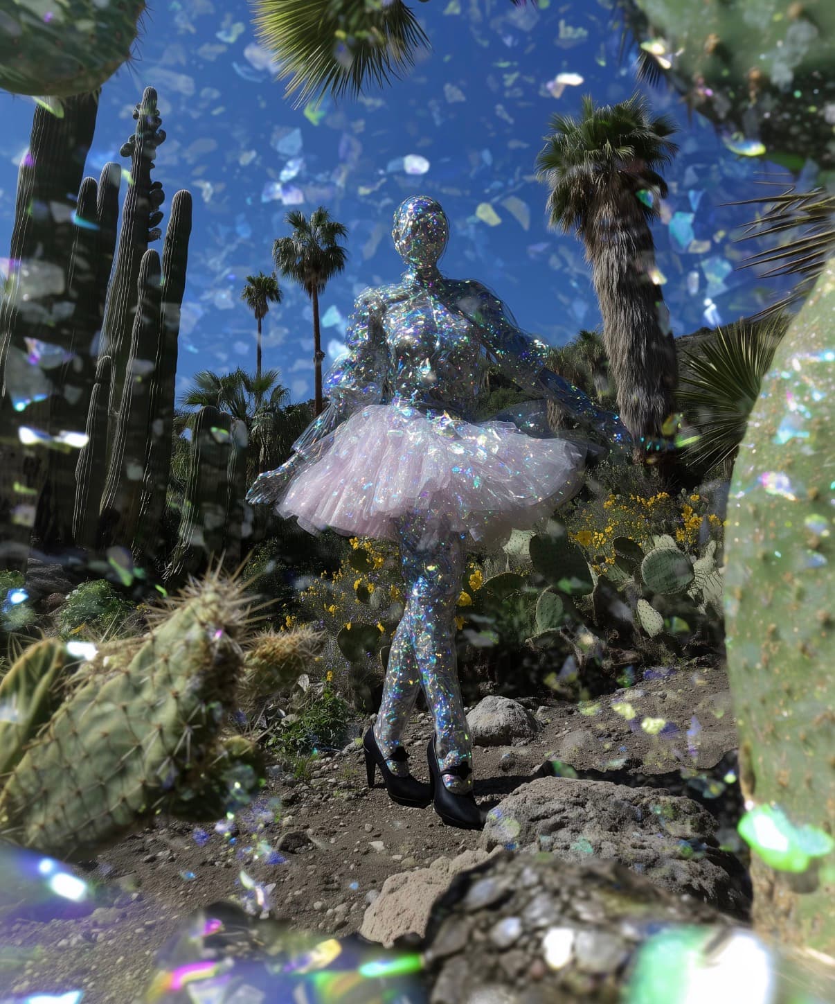 Crystal-like figure in a surreal desert landscape