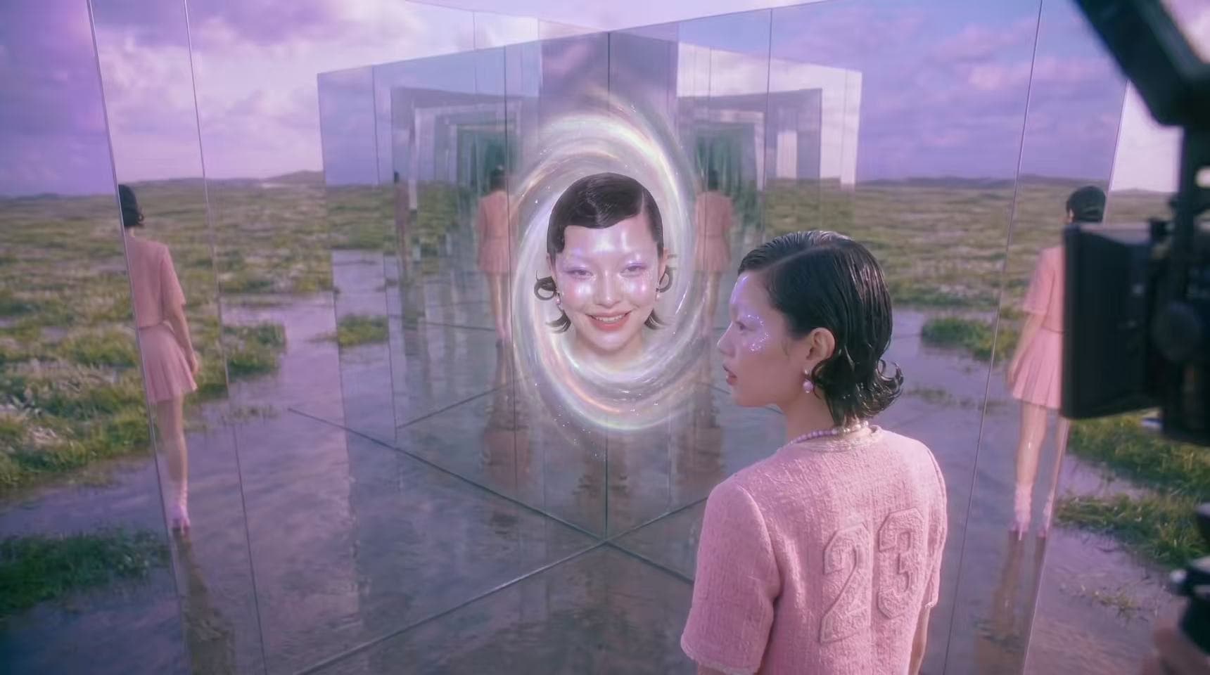Model facing an iridescent portal inside a mirrored landscape